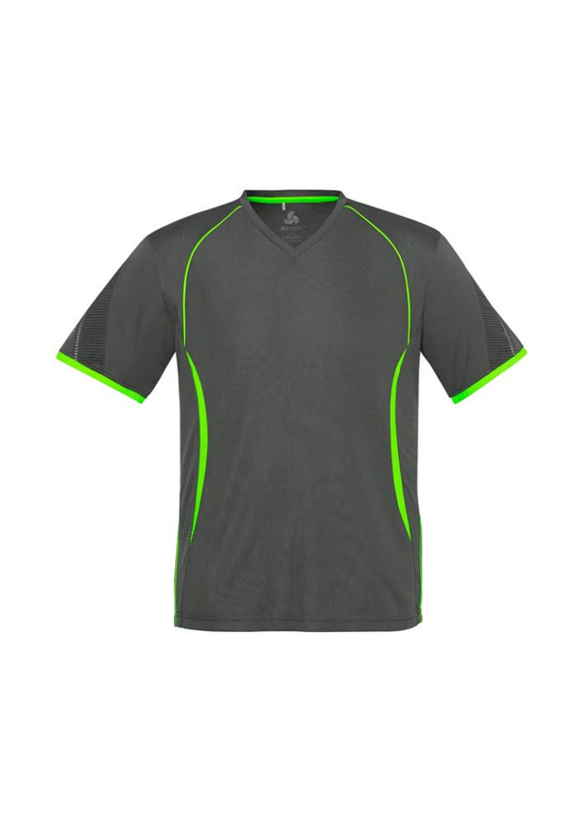 Kids Razor Tee in Grey/Fluoro Lime, Size 8, features breathable fabric, UV protection, and stylish design for active play.
