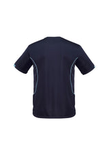 Men's 3XL Razor Tee in Navy/Sky, featuring breathable fabric, UPF protection, grid mesh panels, and stylish contrast details.