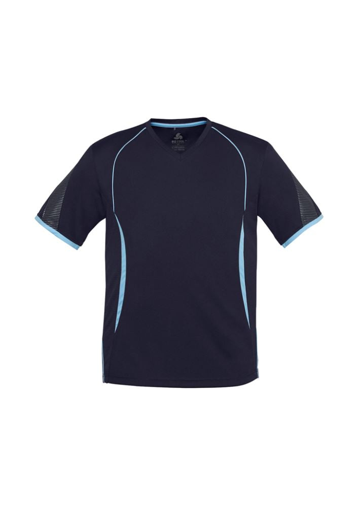 Men's Razor Tee in Navy/Sky, size L, featuring breathable fabric, UPF protection, and modern contrast design for active wear.