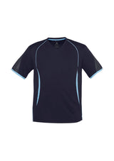 Men's Razor Tee in Navy/Sky, size L, featuring breathable fabric, UPF protection, and modern contrast design for active wear.