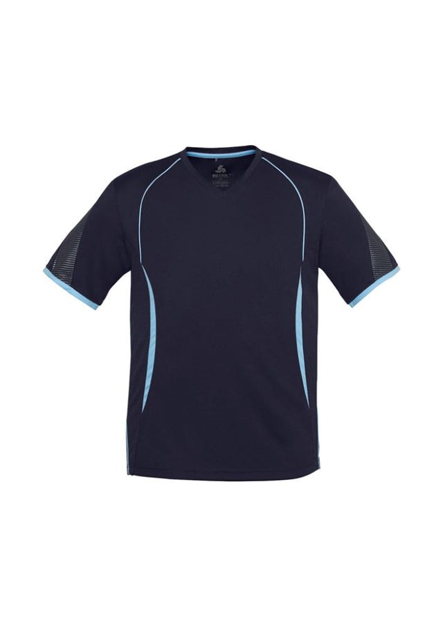 Men's Razor Tee in Navy/Sky, size L, featuring breathable fabric, UPF protection, and modern contrast design for active wear.