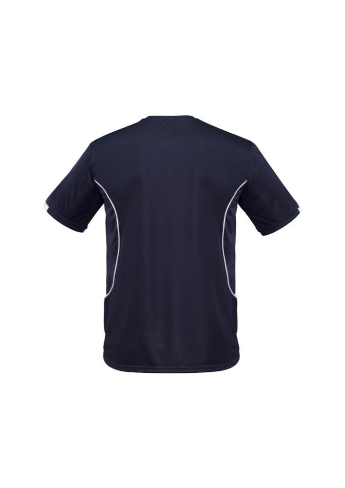 Navy and white kids razor tee with breathable mesh, stylish sleeve print, UPF protection, and comfortable fit for active play.