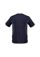 Navy and white kids razor tee with breathable mesh, stylish sleeve print, UPF protection, and comfortable fit for active play.
