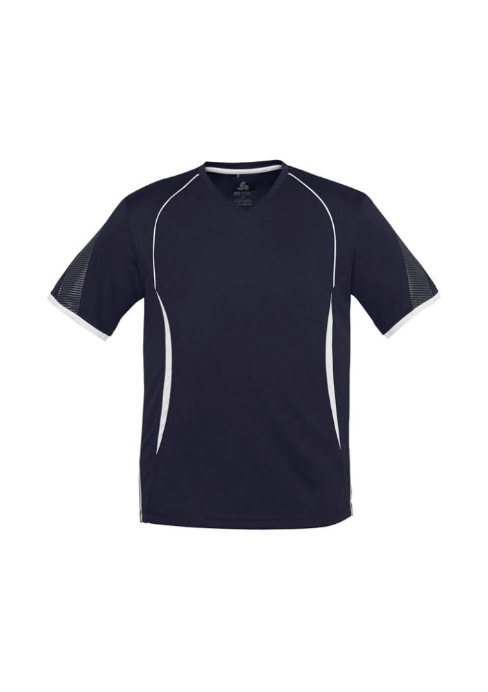 Kids Razor Tee in navy and white, size 12, featuring breathable mesh panels, stylish prints, and UPF protection for active wear.
