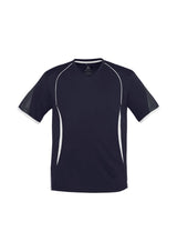 Kids Razor Tee in navy and white, size 12, featuring breathable mesh panels, stylish prints, and UPF protection for active wear.