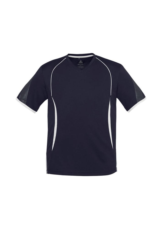 Kids Razor Tee in navy and white, size 12, featuring breathable mesh panels, stylish prints, and UPF protection for active wear.