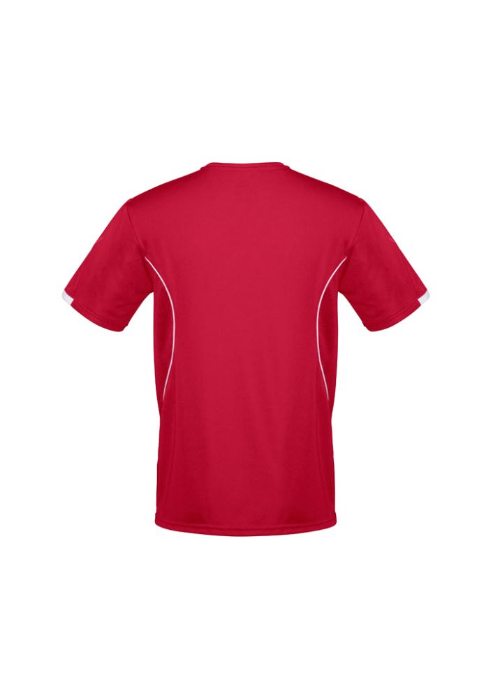 Mens Razor Tee in vibrant red and white, size 3XL, featuring moisture-wicking fabric and breathable underarm panels.