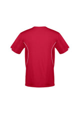 Mens Razor Tee in vibrant red and white, size 3XL, featuring moisture-wicking fabric and breathable underarm panels.