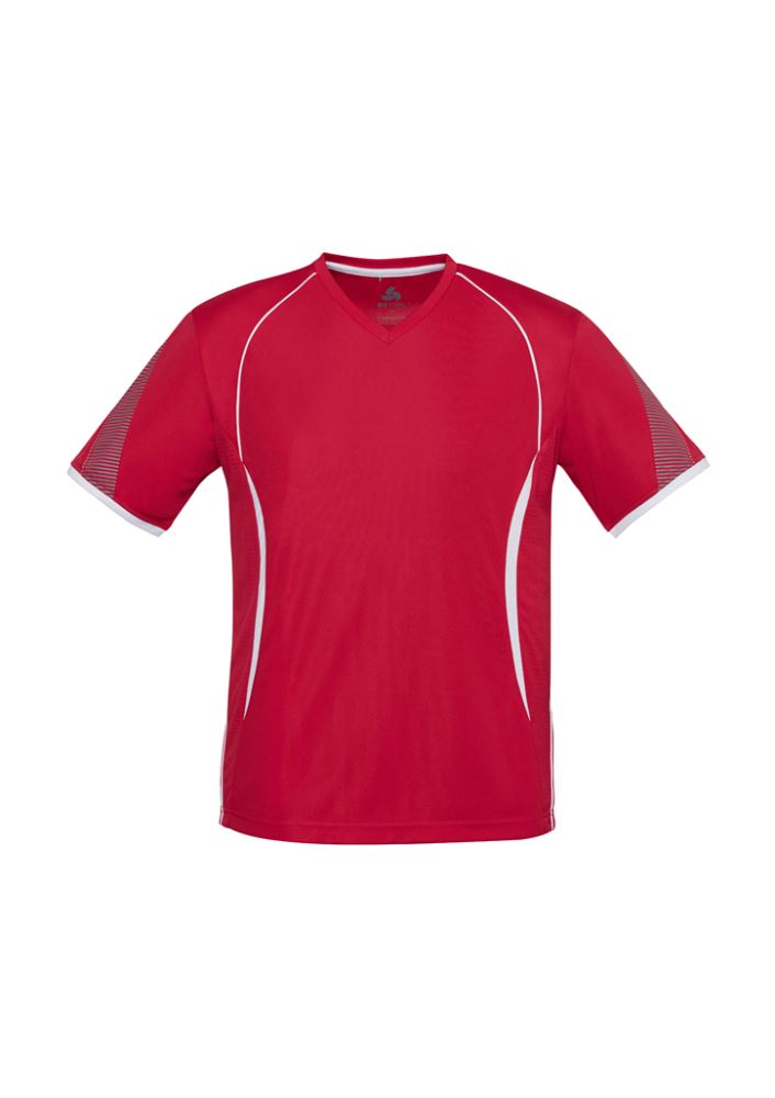 Mens Razor Tee in vibrant red and white, size 3XL, featuring moisture-wicking fabric and breathable underarm panels.