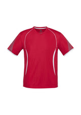 Mens Razor Tee in vibrant red and white, size 3XL, featuring moisture-wicking fabric and breathable underarm panels.