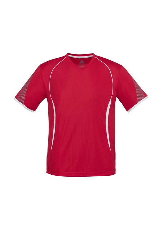Mens Razor Tee in vibrant red and white, size 3XL, featuring moisture-wicking fabric and breathable underarm panels.