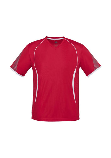 Kids Razor Tee in red and white, size 8, featuring breathable mesh, sun protection, and unique sleeve print for active play.