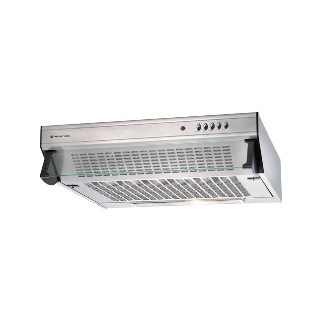 Sleek stainless steel 600mm rangehood with glass front, powerful twin motors, and adjustable speeds for optimal kitchen ventilation.