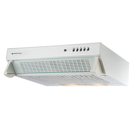 Elegant 600mm white glass front rangehood with twin motors, three speeds, 350m3/hr air capacity, and incandescent lighting.