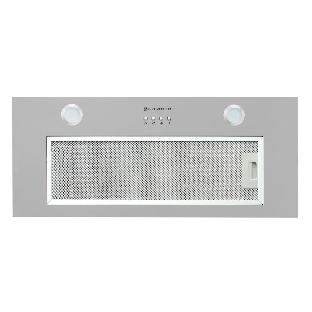 Stainless steel Parmco 520mm Integrated Turbo Pak Plus rangehood with 1000m³/h capacity and energy-efficient LED lights.