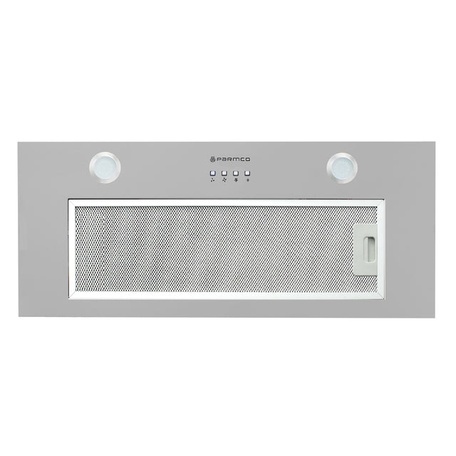 Stainless steel Parmco 520mm Integrated Turbo Pak Plus rangehood with 1000m³/h capacity and energy-efficient LED lights.