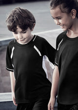 Black, teal, and silver Kids Renegade Tee featuring reflective trims, mesh panels, and a comfortable fit for active play.