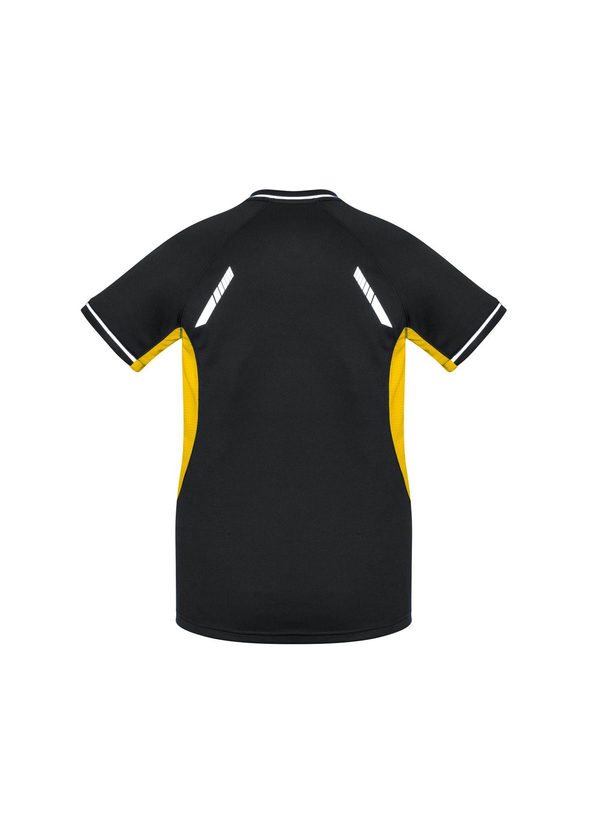 Ladies Renegade Tee in Black, Gold, and Silver with a flattering V-neck, raglan sleeves, and reflective trims for activewear style.