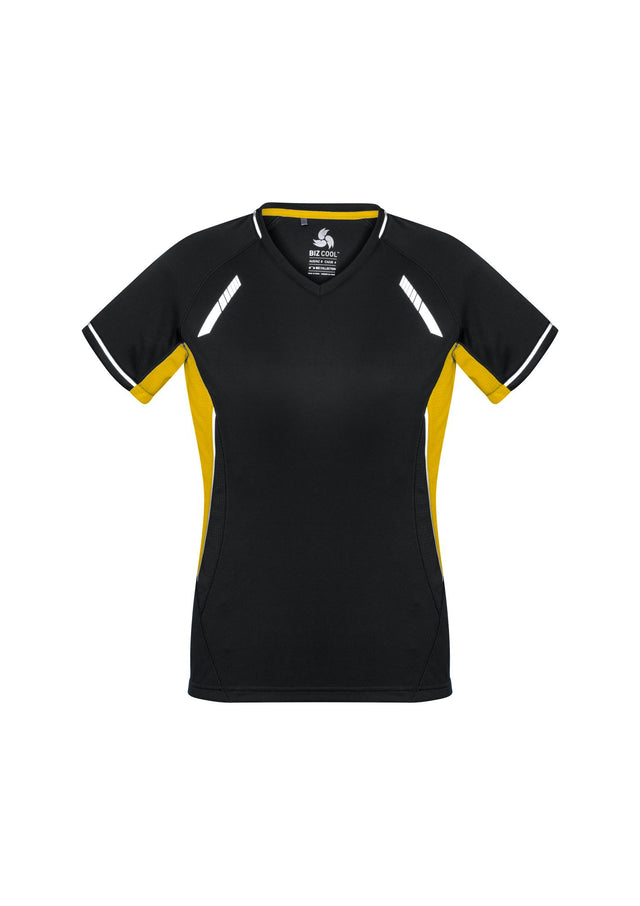 Ladies Renegade Tee in Black/Gold/Silver, Size 10, featuring breathable fabric, reflective trims, and a flattering V-neck design.