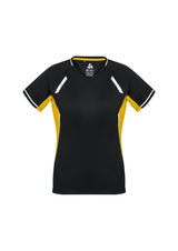 Stylish Ladies Renegade Tee in Black, Gold, and Silver, featuring breathable fabric, V-neck, and reflective trims for visibility.