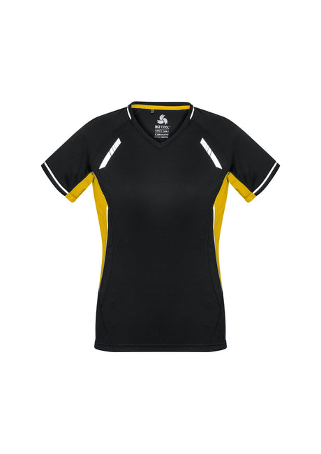 Ladies Renegade Tee in Black/Gold/Silver, Size 16, featuring bold colors, reflective trims, and mesh panels for ventilation.