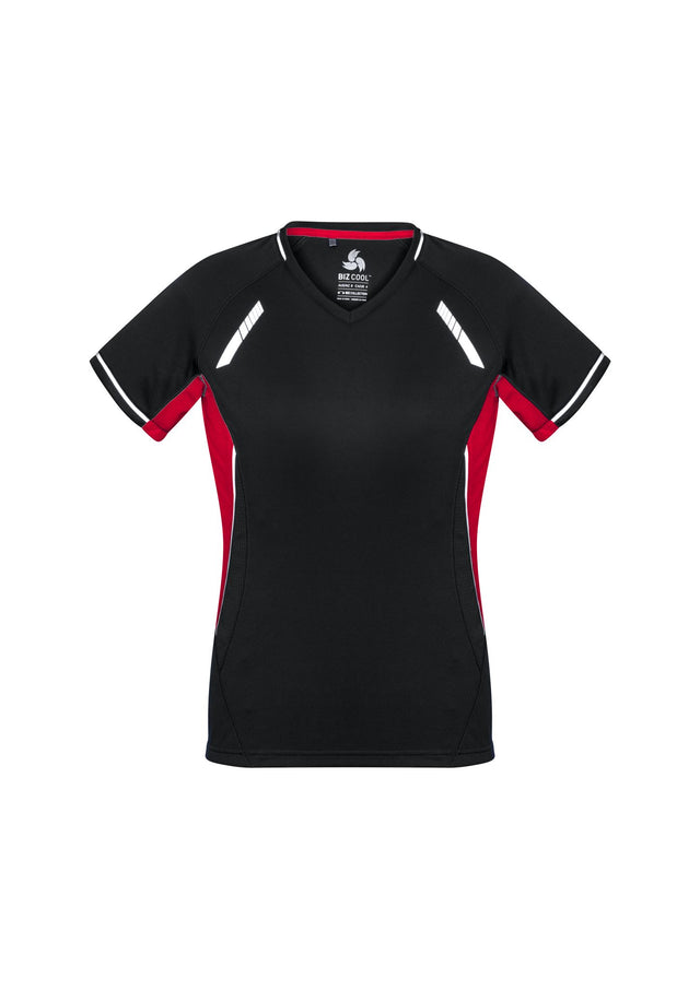 Ladies Renegade Tee in Black, Red, and Silver, featuring moisture-wicking fabric, mesh panels, and a flattering V-neck, size 24.