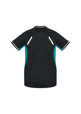 Ladies Renegade Tee in Black/Teal/Silver, Size 10, featuring breathability, V-neck, raglan sleeves, and reflective trims.