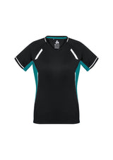 Ladies Renegade Tee in black, teal, and silver, featuring mesh panels, V-neck, and reflective trims for active performance.