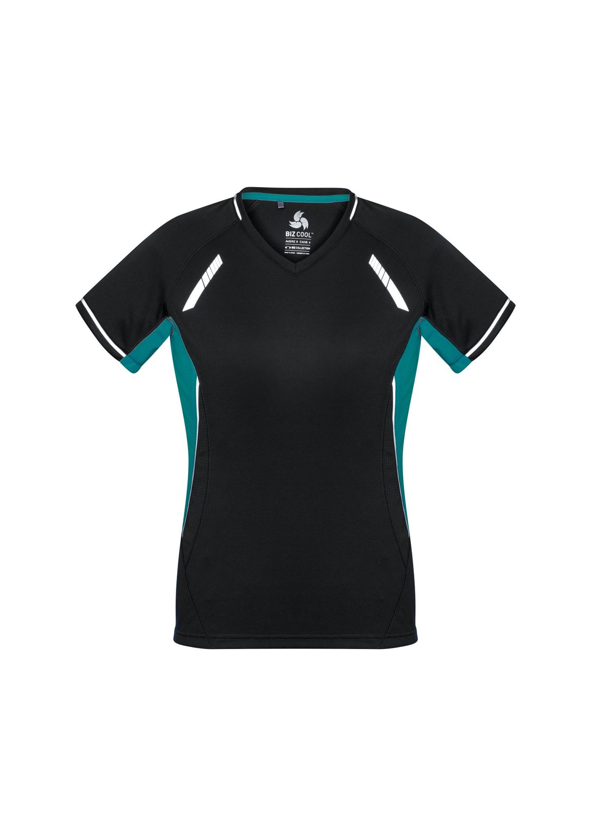 Ladies Renegade Tee in Black/Teal/Silver, size 16, featuring breathable fabric, reflective trims, and a flattering V-neck design.
