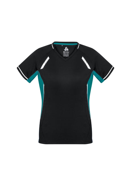 Ladies Renegade Tee in Black/Teal/Silver, Size 10, featuring V-neck, raglan sleeves, and reflective trims for activewear.