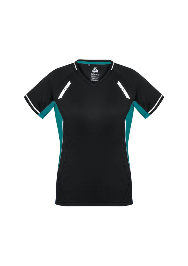 Ladies Renegade Tee in Black, Teal, and Silver, featuring breathable fabric, reflective trims, and a flattering V-neck design.