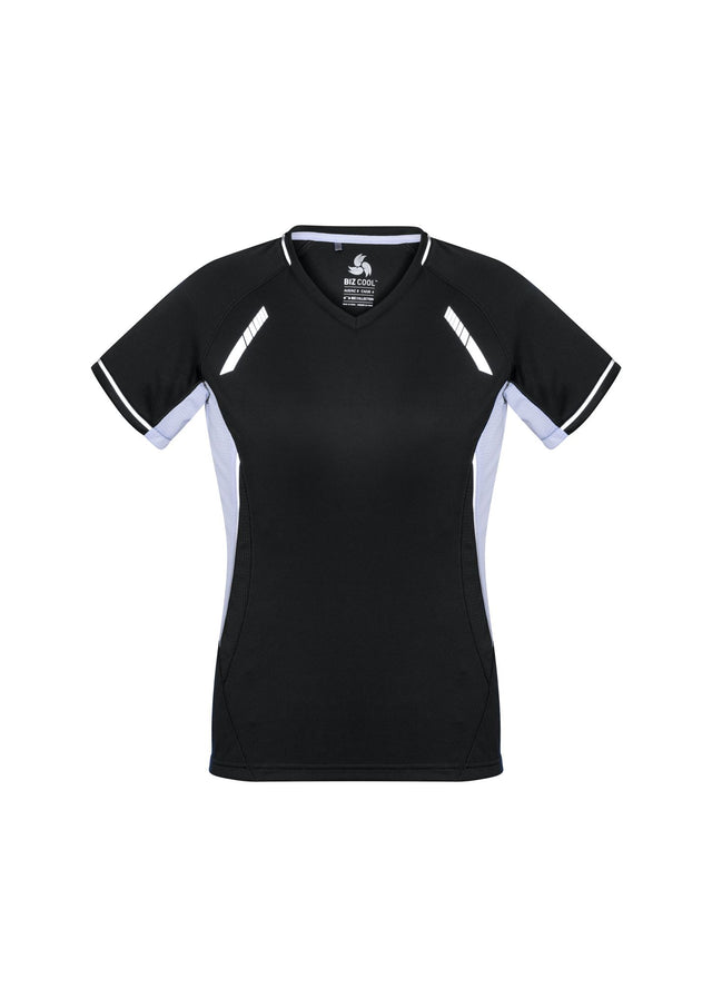 Ladies Renegade Tee in Black/White/Silver, Size 22, featuring a V-neck, reflective trims, and breathable mesh for active lifestyles.