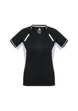 Ladies Renegade Tee in Black/White/Silver, Size 6, featuring breathable fabric, reflective trims, and stylish V-neck design.