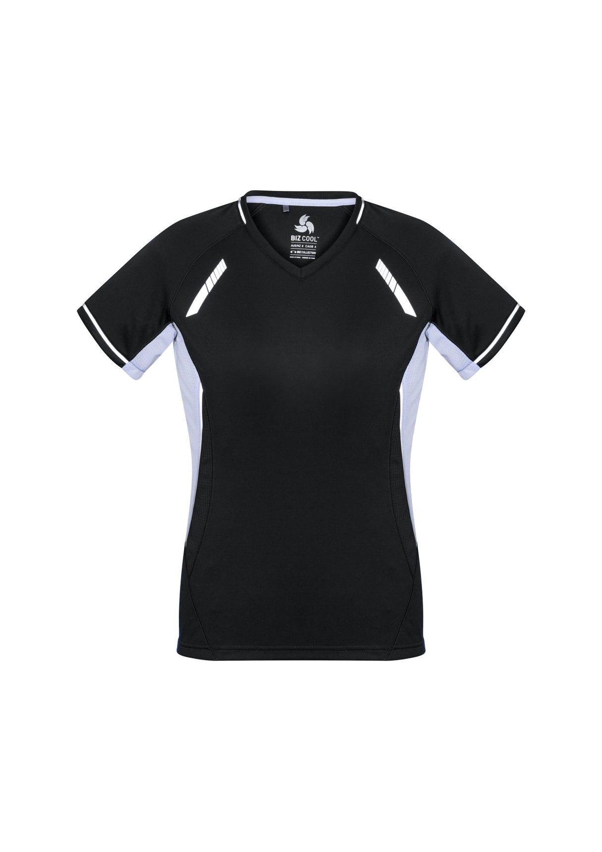 Ladies Renegade Tee in Black/White/Silver, Size 10, features breathable fabric, reflective trims, and a stylish V-neck design.