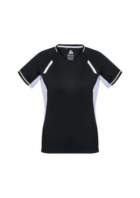 Ladies Renegade Tee in Black/White/Silver, size 12, featuring moisture-wicking fabric, UPF protection, and reflective trims.