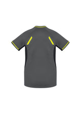 Ladies Renegade Tee in grey, black, and fluoro yellow, size 22; features reflective trims and mesh panels for ventilation.