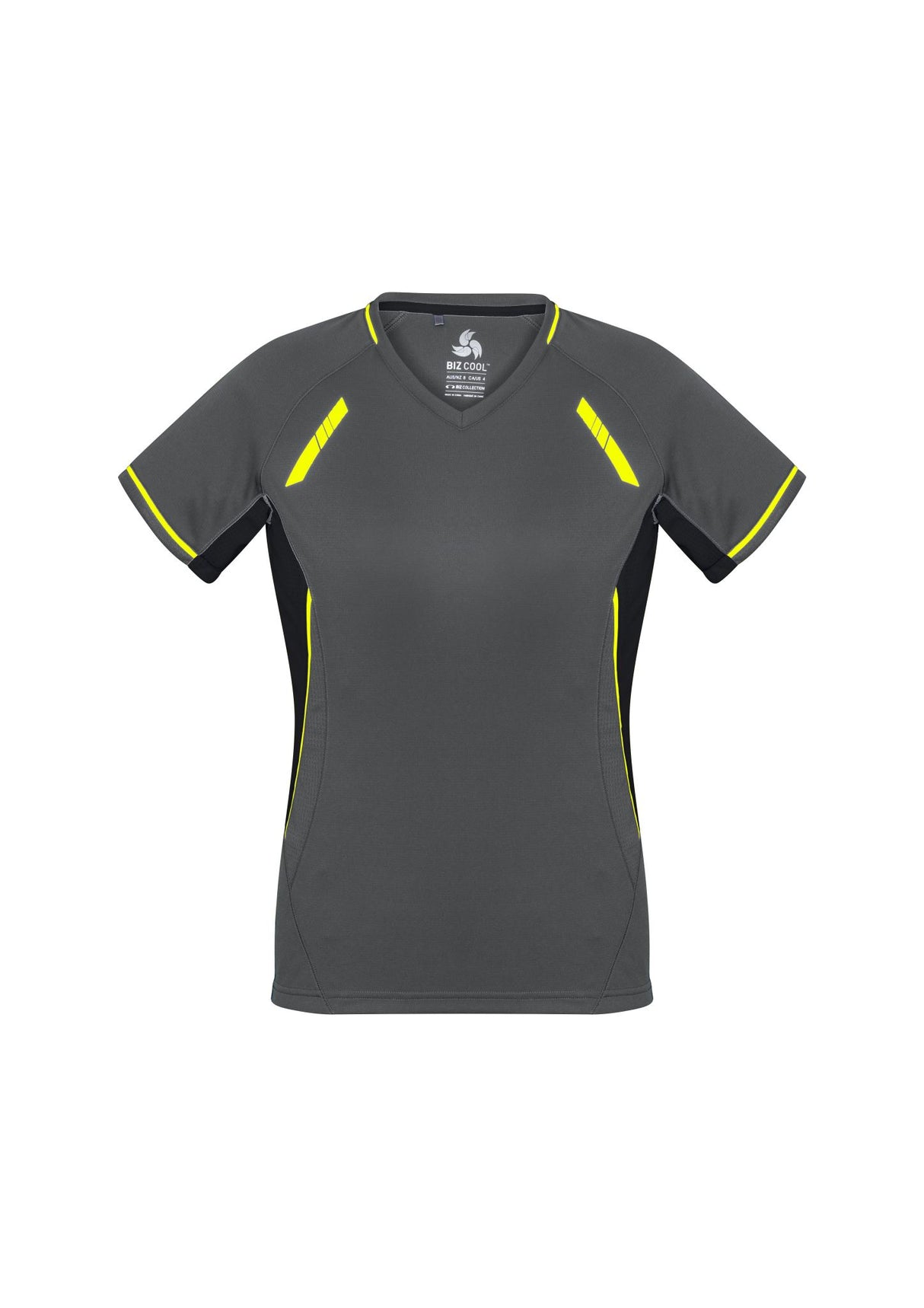 Ladies Renegade Tee in grey, black, and fluoro yellow, size 22, featuring reflective trims and breathable mesh panels for activewear.
