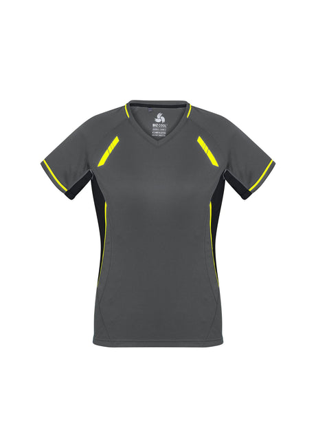 Ladies Renegade Tee in grey, black, and fluoro yellow, size 22, featuring reflective trims and breathable mesh panels for activewear.