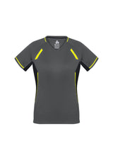 Comfortable Ladies Renegade Tee in grey, black, and fluoro yellow with reflective trims, V-neck, and breathable mesh panels.