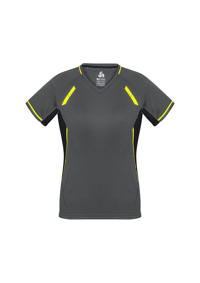 Comfortable Ladies Renegade Tee in grey, black, and fluoro yellow with reflective trims, V-neck, and breathable mesh panels.