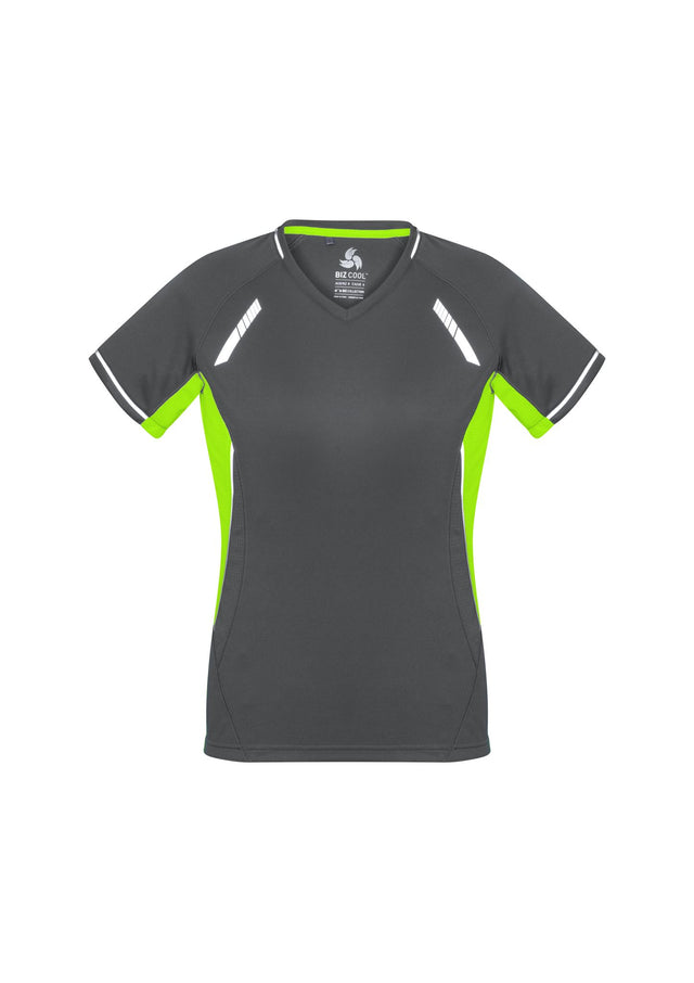 Ladies Renegade Tee in Grey/Fluoro Lime/Silver, Size 14, featuring breathable fabric, reflective trims, and a flattering V-neck.
