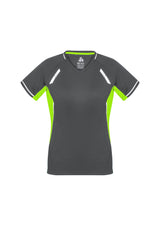 Ladies Renegade Tee in grey and fluoro lime, size 12, featuring breathable mesh panels and reflective trims for visibility.