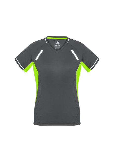 Ladies Renegade Tee in Grey/Fluoro Lime/Silver, Size 8, featuring UPF protection, reflective trims, and mesh panels for ventilation.