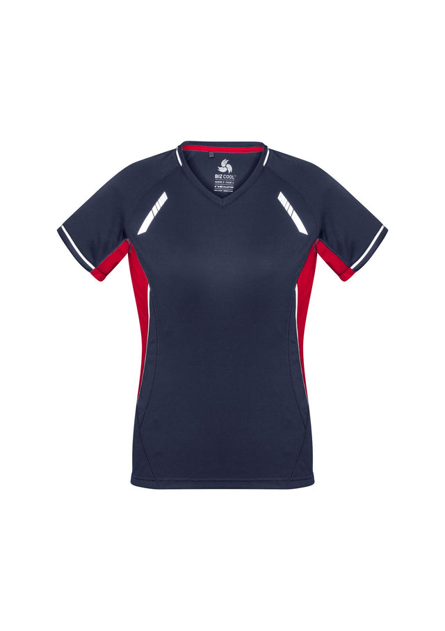 Ladies Renegade Tee in Navy/Red/Silver, size 14, featuring breathable fabric, flattering V-neck, and reflective trims.