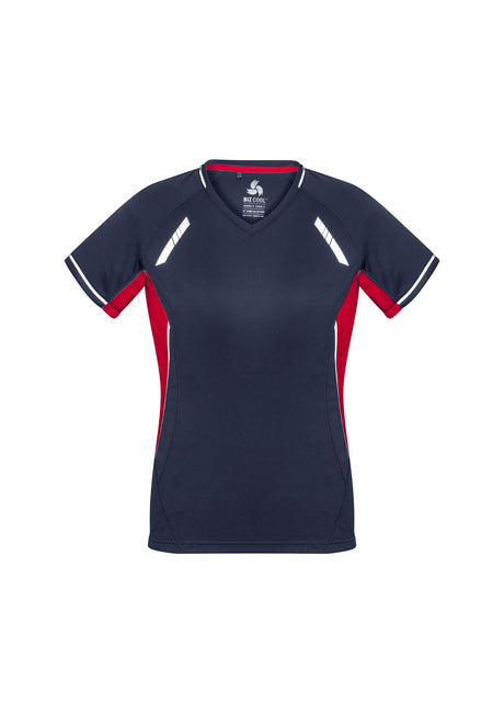 Navy, red, and silver Ladies Renegade Tee in size 22, featuring moisture-wicking fabric, reflective trims, and a V-neck design.