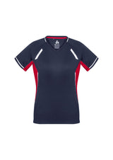 Stylish Navy/Red/Silver Ladies Renegade Tee, size 18, featuring UPF protection, reflective trims, and enhanced ventilation.