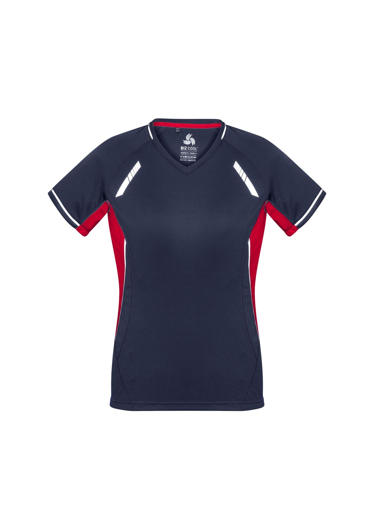 Ladies Renegade Tee in Navy/Red/Silver, Size 8, featuring reflective trims and breathable mesh for comfort and style.