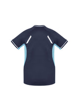 Ladies Renegade Tee in Navy/Sky/Silver with breathable fabric, reflective trims, and a flattering V-neck design, size 6.