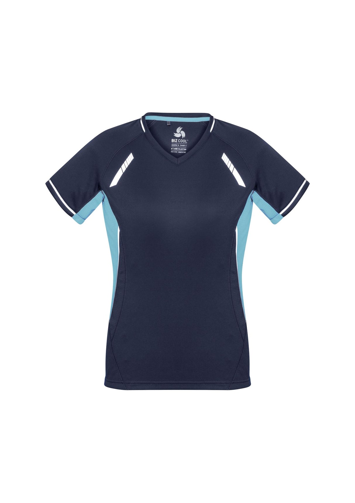 Ladies Renegade Tee in Navy/Sky/Silver, size 14, featuring breathable fabric, V-neck, and raglan sleeves for comfort and style.