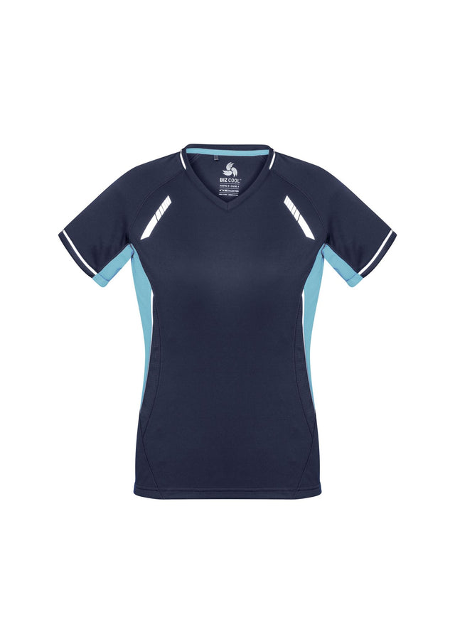 Ladies Renegade Tee in Navy/Sky/Silver, Size 24, featuring a flattering V-neck, raglan sleeves, and reflective trims for visibility.